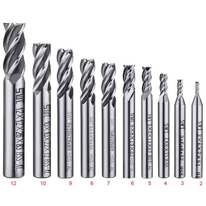 10 pcs 4 Flute End Mill Bit Set - 2-12Mm Hss Straight Shank Drill Bit Set Cnc Drill Bits Tool Set For Wood V1188-MS-227-2546
