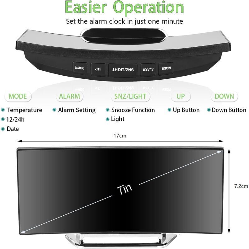 Digital Alarm Clock For Bedroom, 7'' LED Mirror Screen, 2 Brightness, Temperature, DAte, Usb Powered, Memory V1188-MS-227-2567