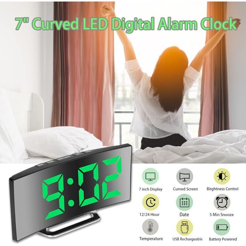 Digital Alarm Clock For Bedroom, 7'' LED Mirror Screen, 2 Brightness, Temperature, DAte, Usb Powered, Memory V1188-MS-227-2567