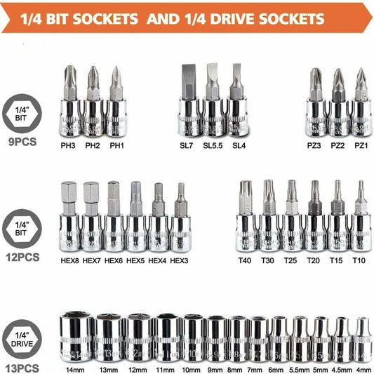 46 pcs Socket Set Chrome Vanadium 1/4" Adapter Set Socket Set For Car Diy V1188-MS-227-2572