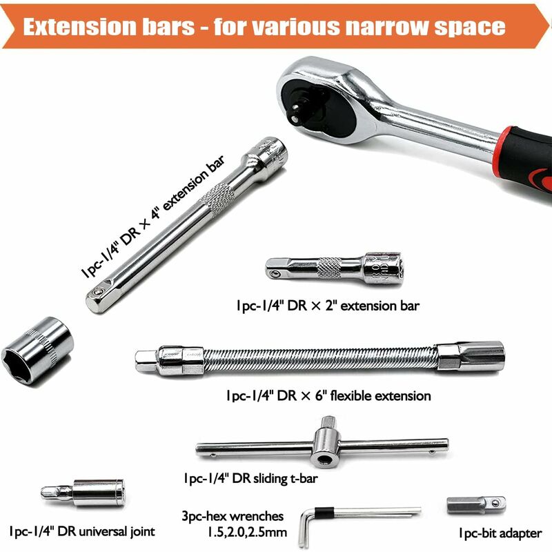 46 pcs Socket Set Chrome Vanadium 1/4" Adapter Set Socket Set For Car Diy V1188-MS-227-2572