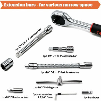 46 pcs Socket Set Chrome Vanadium 1/4" Adapter Set Socket Set For Car Diy V1188-MS-227-2572