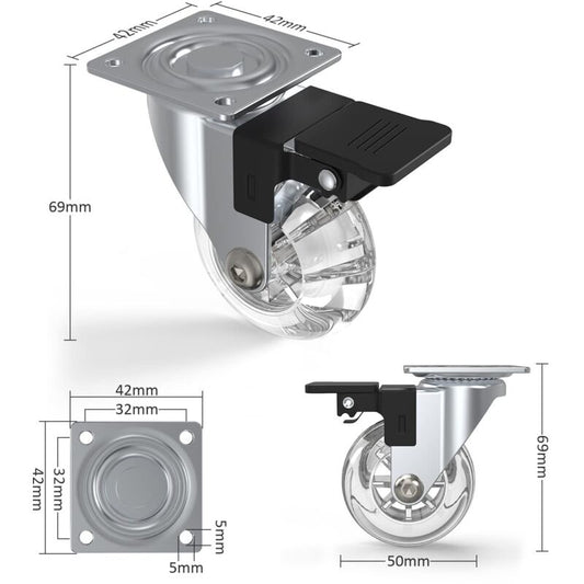 4 pcs Set Furniture Casters With Brakes, 360 degrees Swivel Casters, Up To 600Kg, No Marks On The Floor, V1188-MS-227-2573