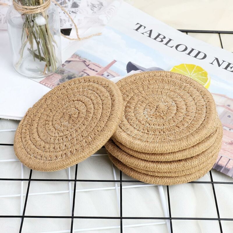 pcs Coffee Color Coasters, 11.5Cm ROund Woven Coasters Water Absorption Woven Drink Coasters Heat Resistant V1188-MS-227-2621