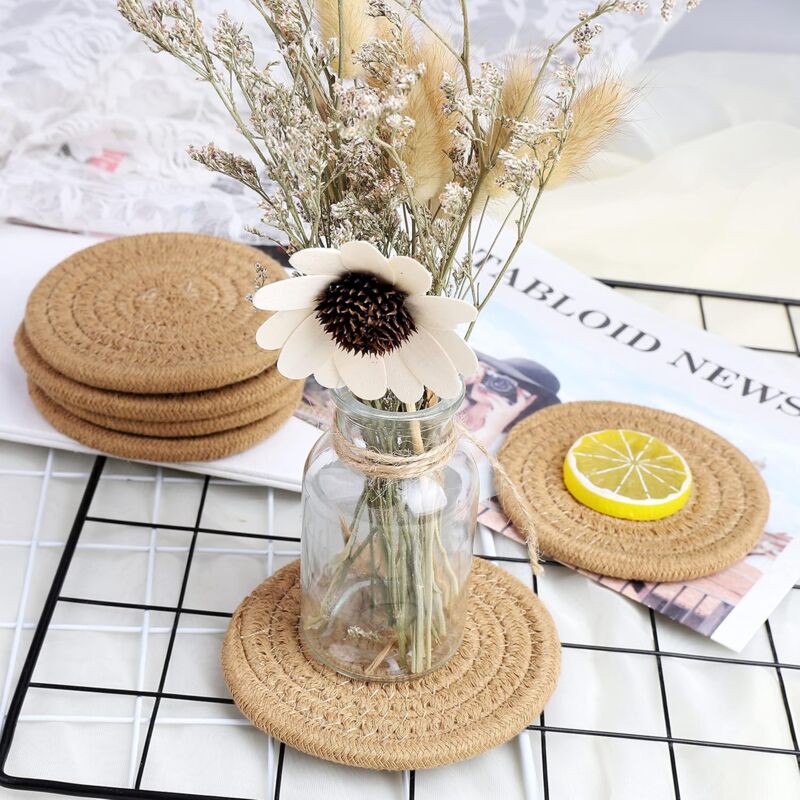 pcs Coffee Color Coasters, 11.5Cm ROund Woven Coasters Water Absorption Woven Drink Coasters Heat Resistant V1188-MS-227-2621