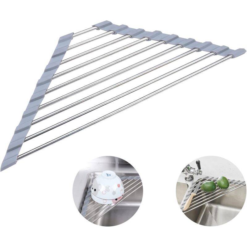 2 Pack Stainless Steel Foldable Triangular Drainer Rack For Kitchen Sink Non-Slip Grey V1188-MS-227-2642