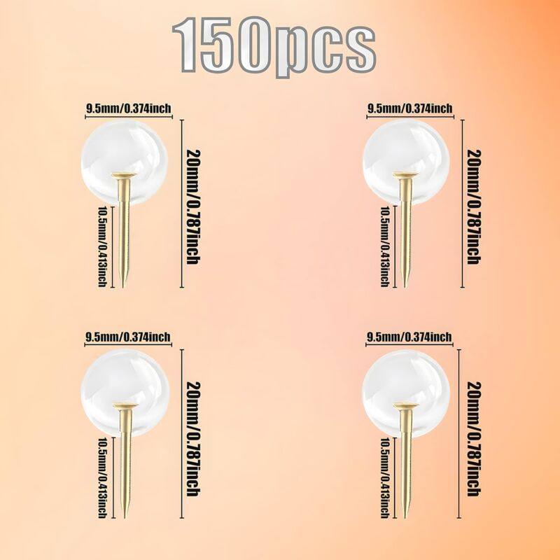 150 pcs Large Size 9.5Mm Gold Push Pins ROund Head Gold Steel Thumb Tacks With Clear Plastic ROund Head Thumb V1188-MS-227-2660