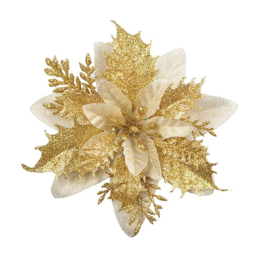 12 pcs Glitter Christmas Flowers (15Cm) With 12 pcs Artificial Poinsettia For Christmas Tree(Gold) V1188-MS-227-2678
