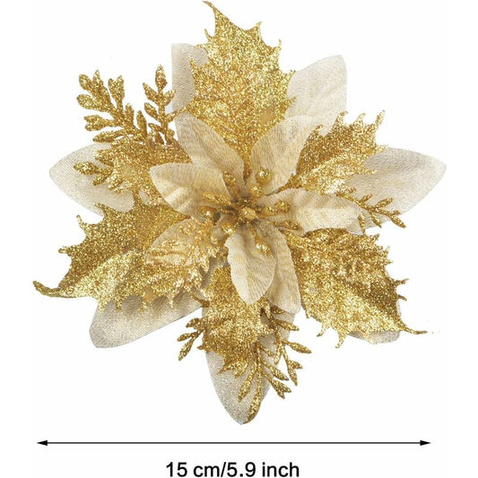 12 pcs Glitter Christmas Flowers (15Cm) With 12 pcs Artificial Poinsettia For Christmas Tree(Gold) V1188-MS-227-2678