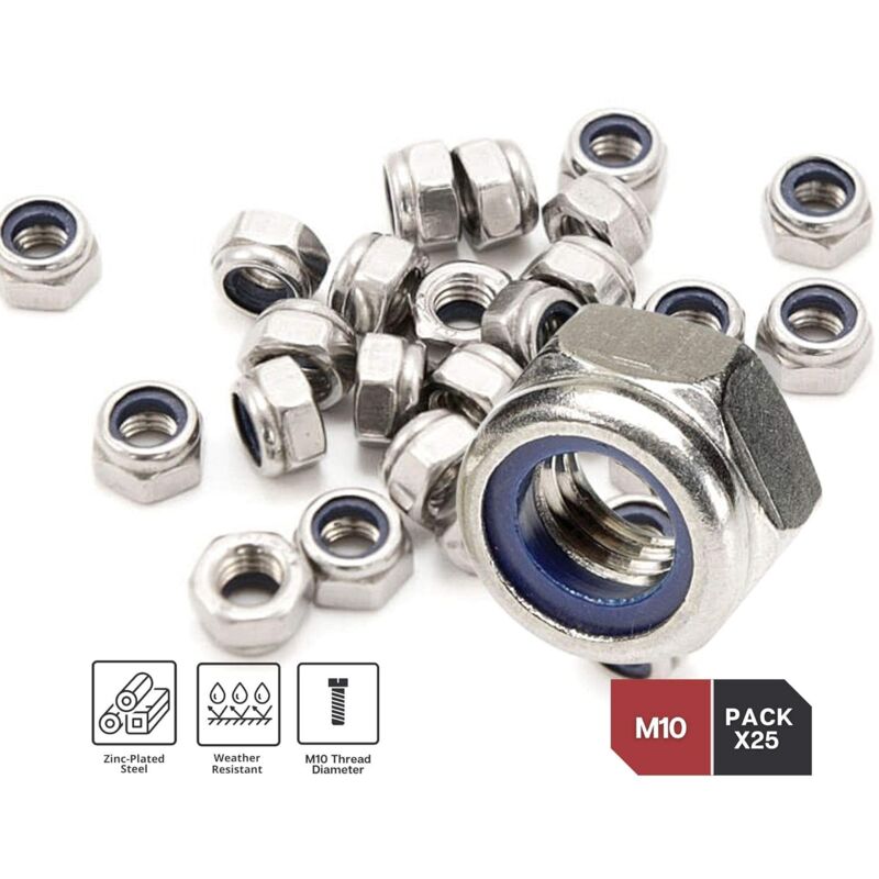 Zinc Steel Lock Nut M10 Pack 25 Hexagonal Locking Lock Nuts Ideal For Carpentry, Construction, Plumbing, V1188-MS-227-2702