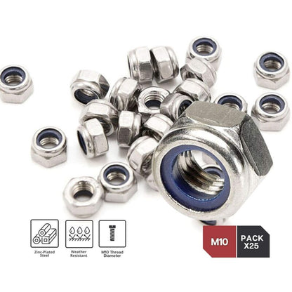 Zinc Steel Lock Nut M10 Pack 25 Hexagonal Locking Lock Nuts Ideal For Carpentry, Construction, Plumbing, V1188-MS-227-2702
