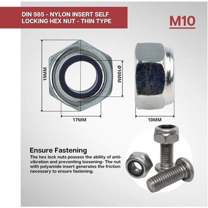 Zinc Steel Lock Nut M10 Pack 25 Hexagonal Locking Lock Nuts Ideal For Carpentry, Construction, Plumbing, V1188-MS-227-2702