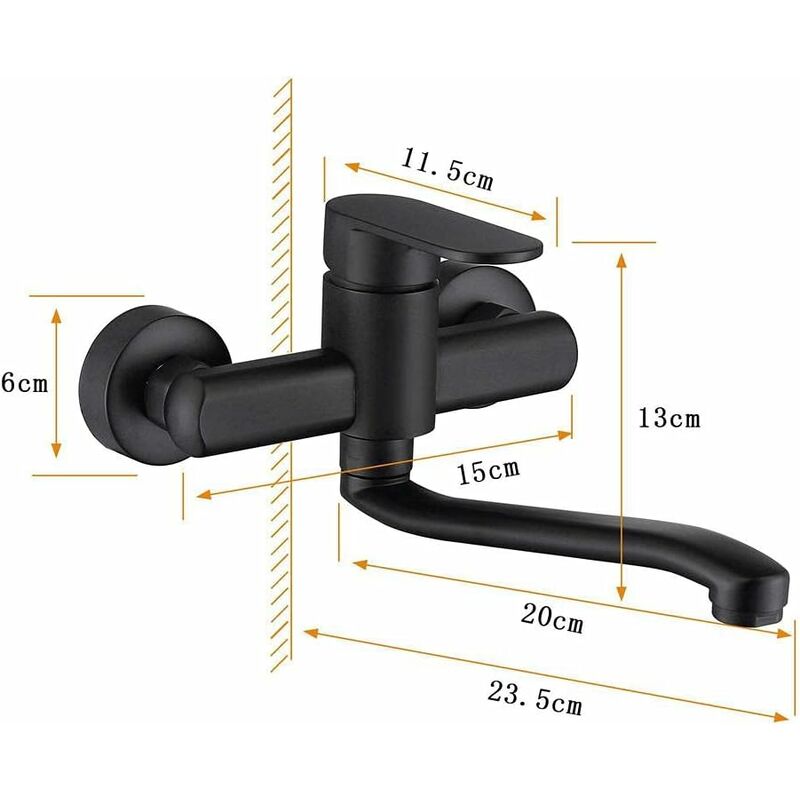 Single Handle Kitchen Faucet Wall Mounted High Quality Brass Body Black Projection 200Mm(G1/2) V1188-MS-227-2759