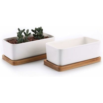17Cm Ceramic Succulent Pot With Bamboo Tray White 2 pcs Set, Cactus Planter Cache Pot Jardiniere Container V1188-MS-227-2781
