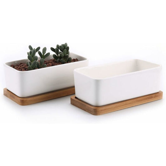 17Cm Ceramic Succulent Pot With Bamboo Tray White 2 pcs Set, Cactus Planter Cache Pot Jardiniere Container V1188-MS-227-2781