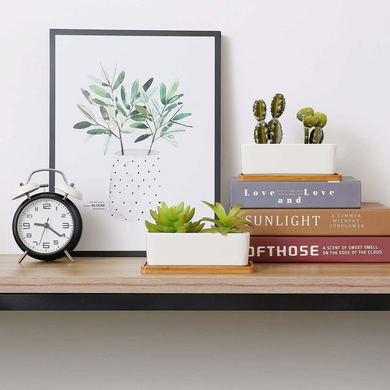 17Cm Ceramic Succulent Pot With Bamboo Tray White 2 pcs Set, Cactus Planter Cache Pot Jardiniere Container V1188-MS-227-2781