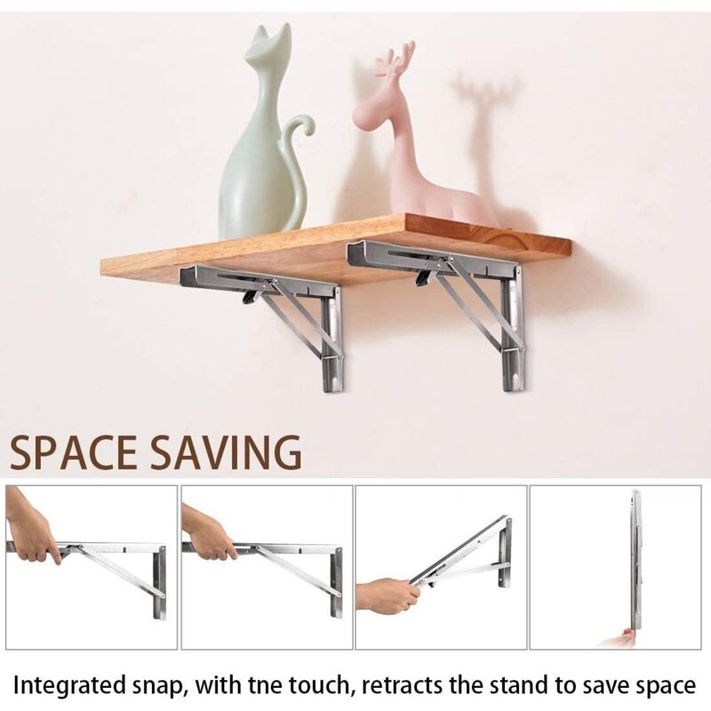 250Mm Folding Wall Shelf, 2 pcs Stainless Steel Folding Bracket, Garage Shelf Support Frame, Heavy Duty V1188-MS-227-2783