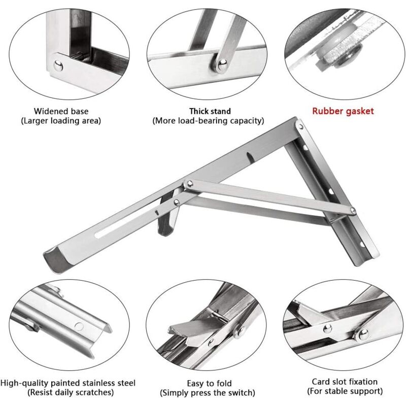 250Mm Folding Wall Shelf, 2 pcs Stainless Steel Folding Bracket, Garage Shelf Support Frame, Heavy Duty V1188-MS-227-2783