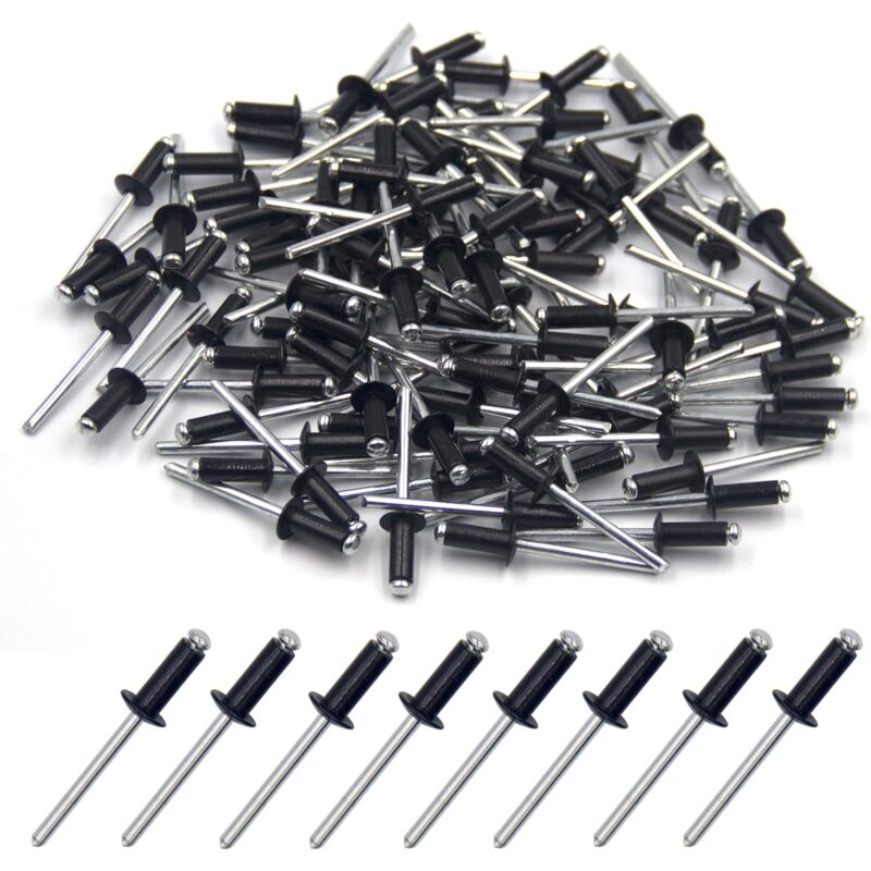 100 pcs 4.8 X 12Mm Aluminum Blind Rivets, Open End Rivets, Pop Rivets, Pack Of 100 (Black) V1188-MS-227-2786