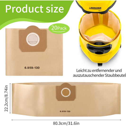 Vacuum Cleaner Bags, 20 Pack Upright Vacuum Cleaner Bags, Paper Filter Bags, For Karcher 6.959-130.0 V1188-MS-227-2795