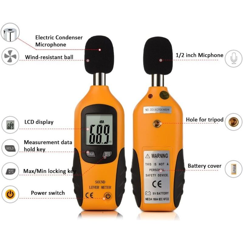 Sound Level Meter 40-130Dba, Professional Decibel Meter With Backlit Display (9V Battery Included) V1188-MS-227-2808