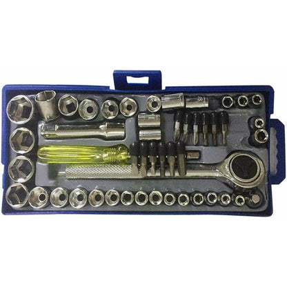 50 pcs 1/4" 3/8" Socket Wrench Set With Reversible Ratchet Handle Drive 12 pcs Hexagon Screw Bits With Case V1188-MS-227-2824