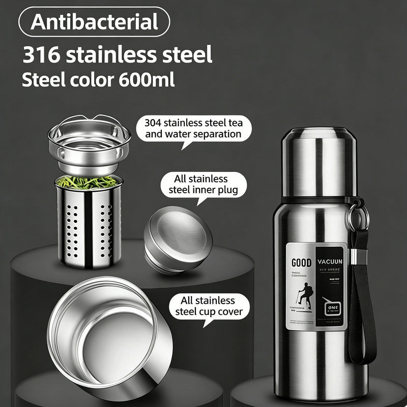 Antibacterial 316 Stainless Steel Vacuum Flask 600ml | Tea Infuser & Insulated Bottle for Hot/Cold Drinks V1188-MS-306-004
