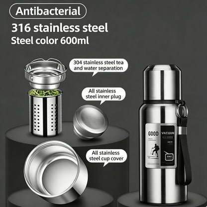 Antibacterial 316 Stainless Steel Vacuum Flask 600ml | Tea Infuser & Insulated Bottle for Hot/Cold Drinks V1188-MS-306-004