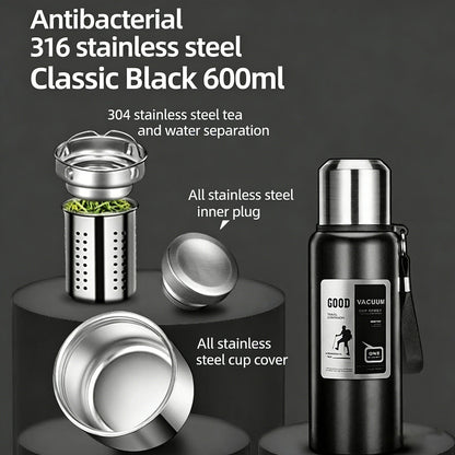 Antibacterial 316 Stainless Steel Vacuum Flask 600ml | Tea Infuser & Insulated Bottle for Hot/Cold Drinks V1188-MS-309-001