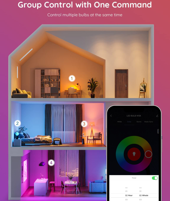 4 Pack Smart Light Bulbs,WiFi & Bluetooth LED Light Bulb That Works with Alexa & Google Home, Color Changing V1188-MS-309-025