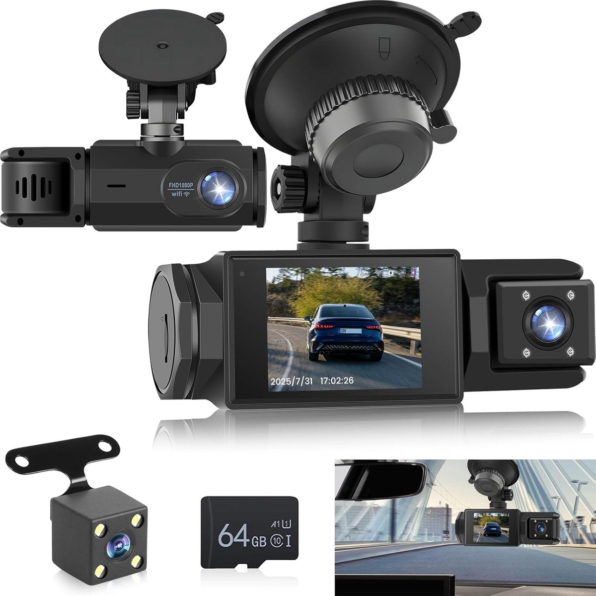 WiFi Car Dash Cam - 3-Channel Wireless Camera with App, Front, Interior, and Rear Cameras, Full HD 1080p, V1188-MS-313-0024