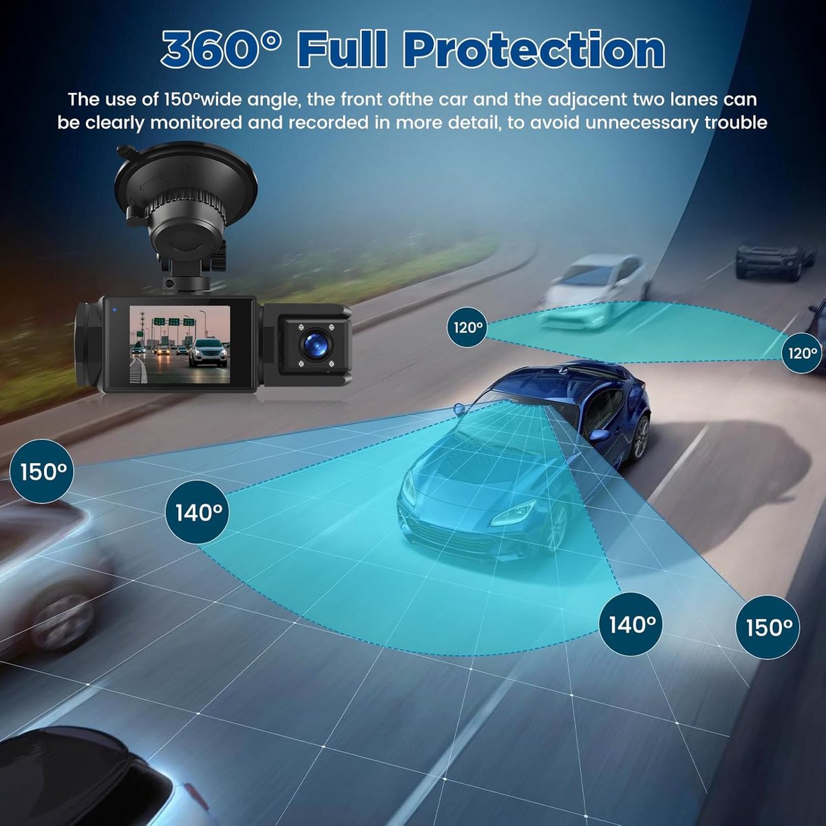 WiFi Car Dash Cam - 3-Channel Wireless Camera with App, Front, Interior, and Rear Cameras, Full HD 1080p, V1188-MS-313-0024