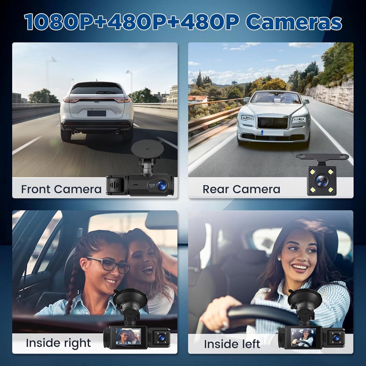 WiFi Car Dash Cam - 3-Channel Wireless Camera with App, Front, Interior, and Rear Cameras, Full HD 1080p, V1188-MS-313-0024