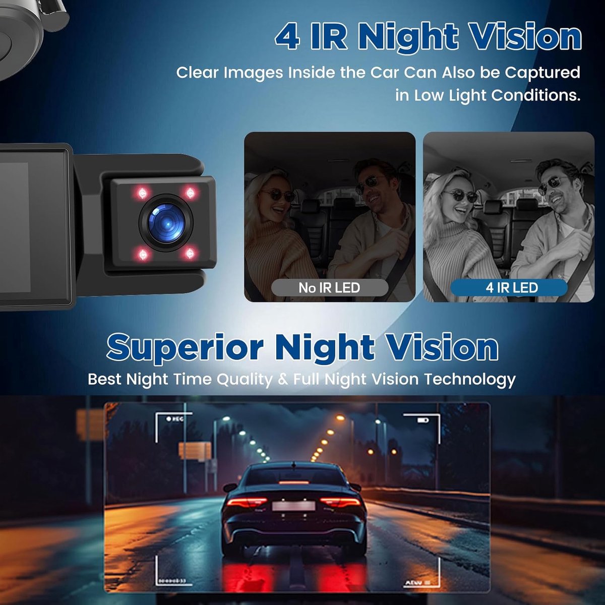 WiFi Car Dash Cam - 3-Channel Wireless Camera with App, Front, Interior, and Rear Cameras, Full HD 1080p, V1188-MS-313-0024