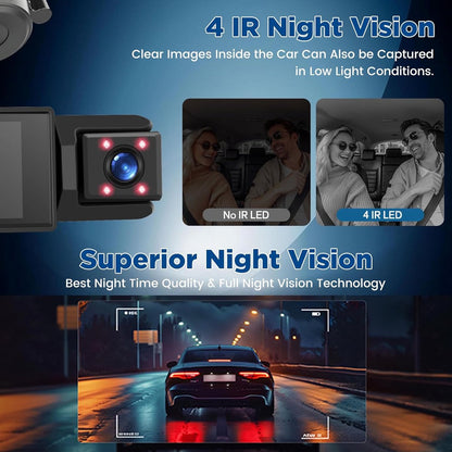 WiFi Car Dash Cam - 3-Channel Wireless Camera with App, Front, Interior, and Rear Cameras, Full HD 1080p, V1188-MS-313-0024