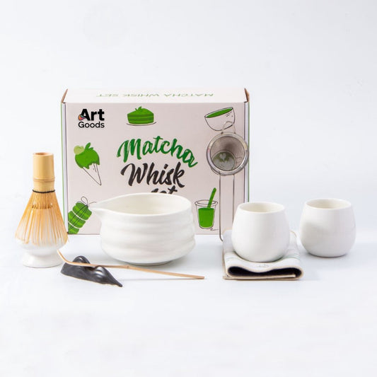 Art Goods Matcha Set 9-Piece - Complete Japanese Tea Set - White Matcha Bowl with Spout, Whisk, Cups & V1188-MS-313-0034