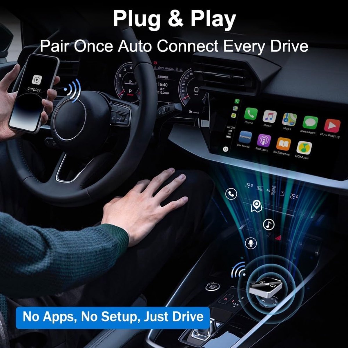 3-in-1 Wireless CarPlay Mirror Link Adapter (version 2026) compatible with iPhone/Apple/Android: automatic V1188-MS-313-0048