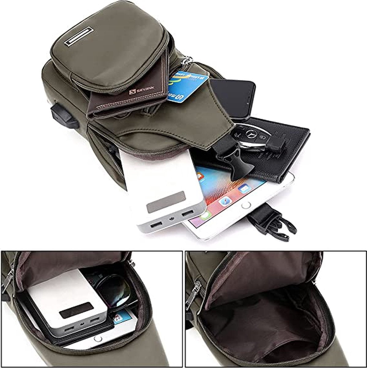 Fanny pack - Shoulder bag - With USB charging port - Men's - Chest bag - Anti-theft - Khaki V1188-MS-313-0051