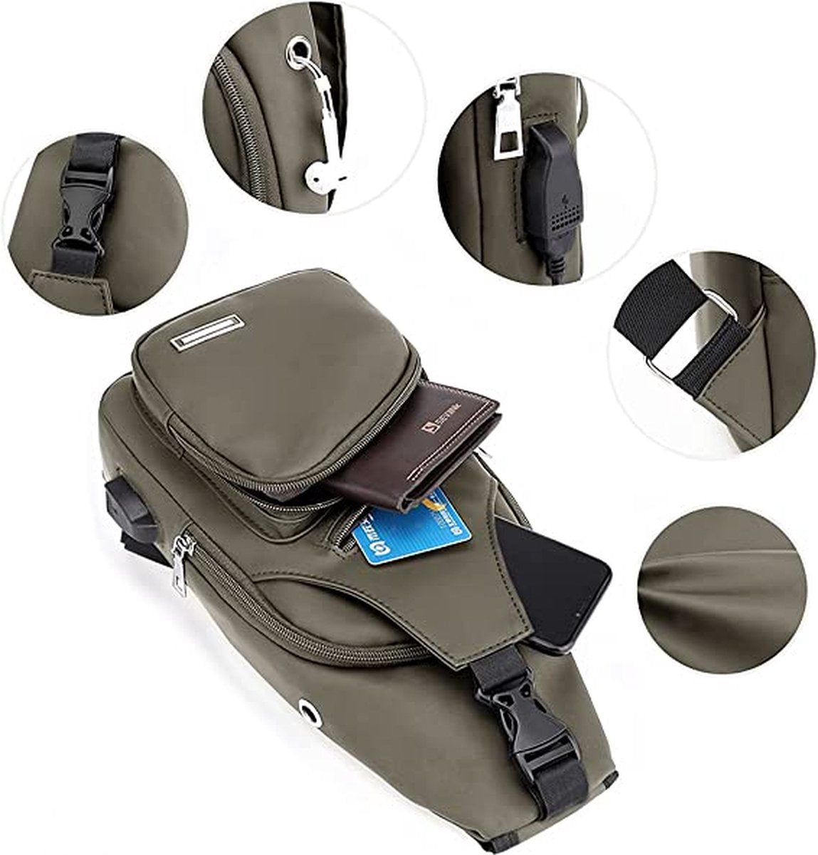 Fanny pack - Shoulder bag - With USB charging port - Men's - Chest bag - Anti-theft - Khaki V1188-MS-313-0051