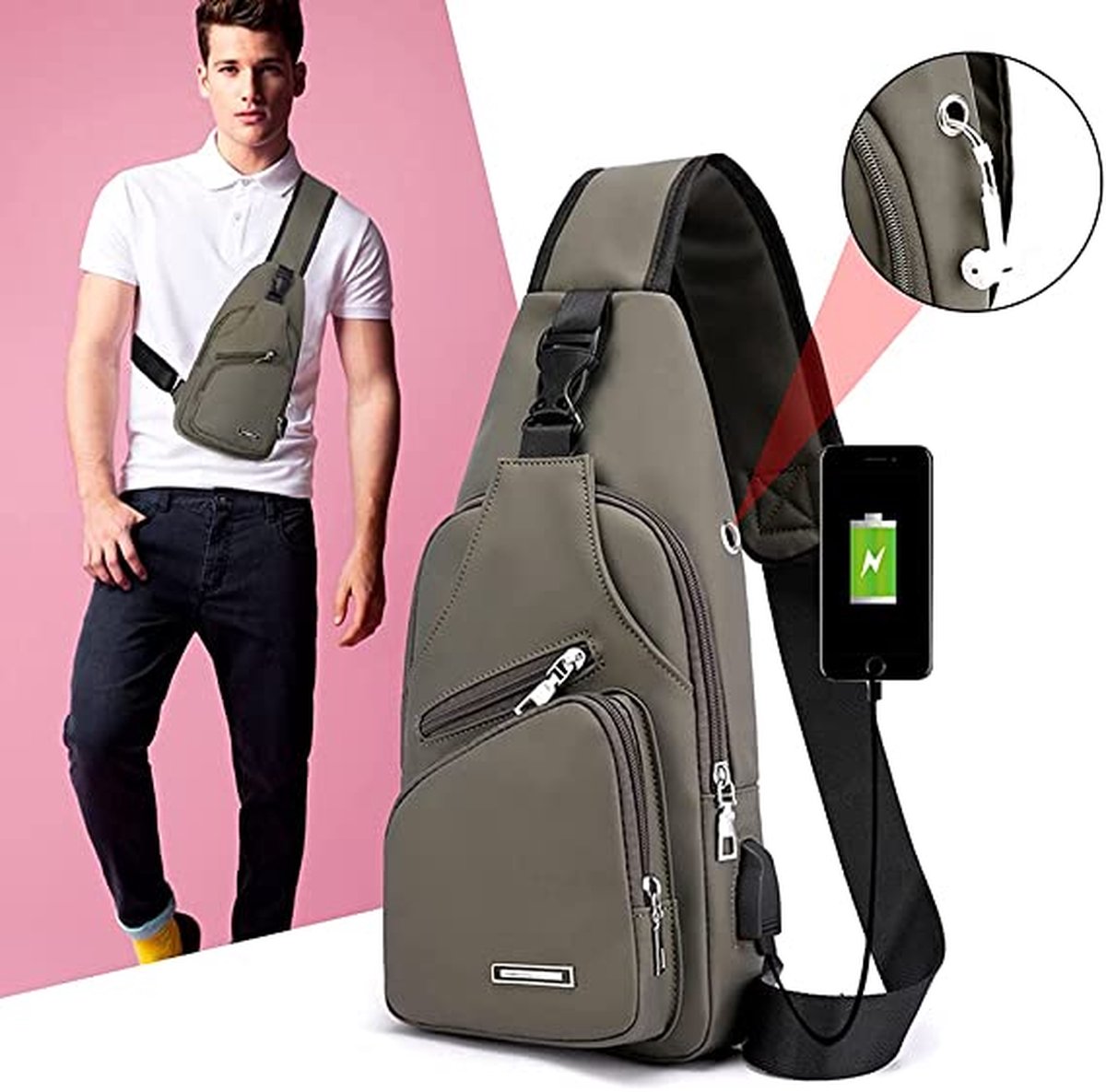 Fanny pack - Shoulder bag - With USB charging port - Men's - Chest bag - Anti-theft - Khaki V1188-MS-313-0051