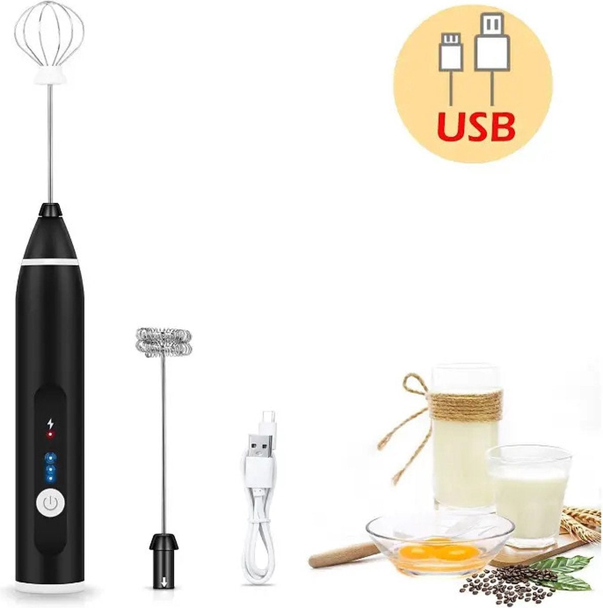 2-in-1 Electric Coffee Frother, USB Rechargeable, Egg Beater, Keep Mixer, Black V1188-MS-313-0086