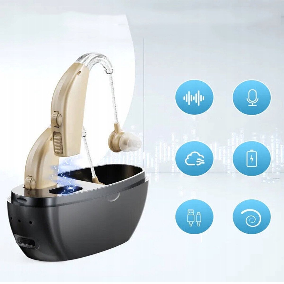 Digital hearing aid - Behind-the-ear sound collector - Rechargeable - Sound amplification - Intelligent noise V1188-MS-313-0090