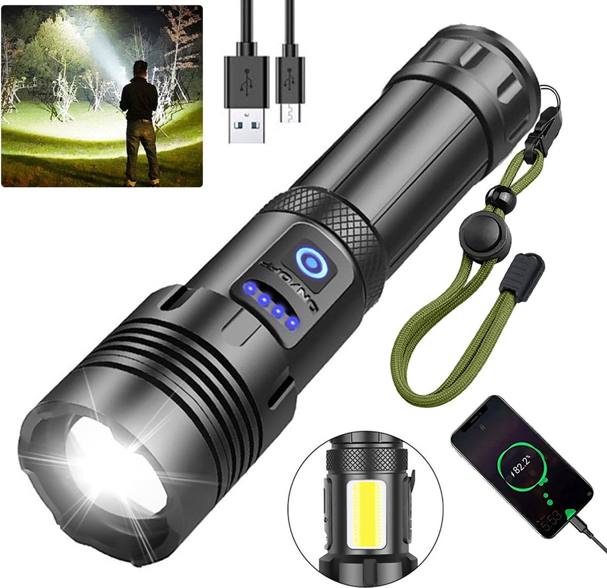 Flashlight - Rechargeable LED - Military Flashlight - 100,000 lumens - with 7 modes - COB side light - V1188-MS-313-0098