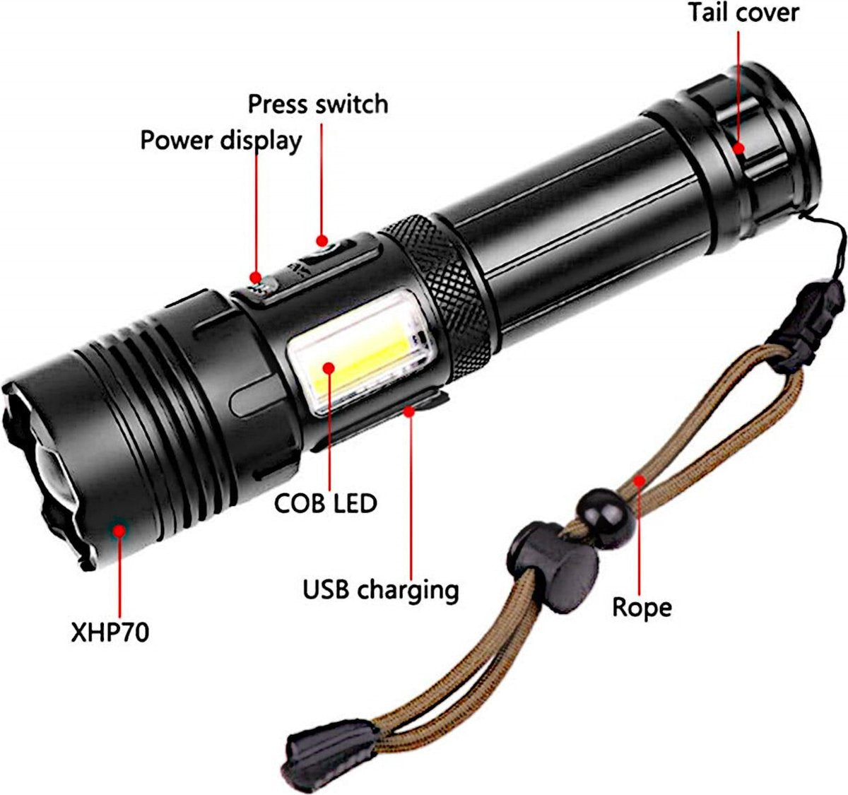 Flashlight - Rechargeable LED - Military Flashlight - 100,000 lumens - with 7 modes - COB side light - V1188-MS-313-0098