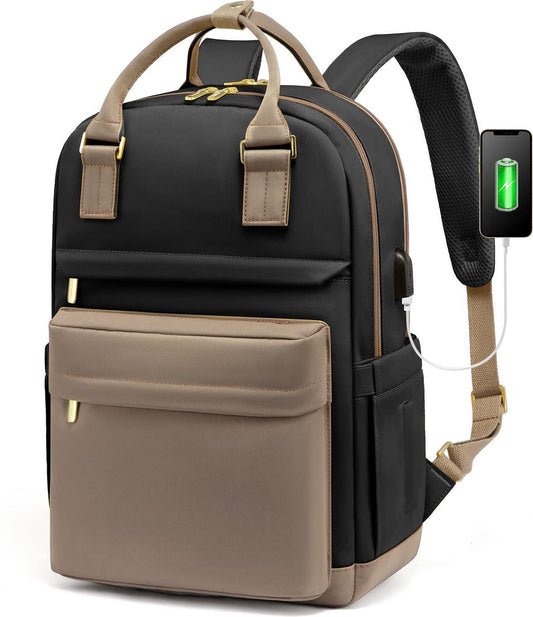 Backpack - Backpack - Ladies - Girls - Women - Laptop - Schoolbag - Work - School - Waterproof - USB - Beige V1188-MS-313-0102