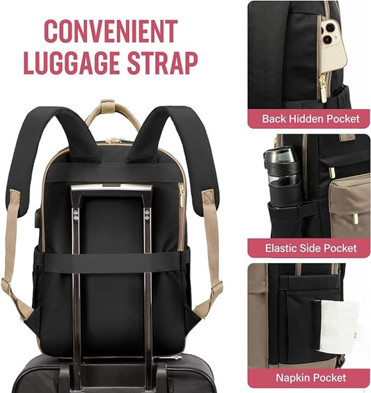 Backpack - Backpack - Ladies - Girls - Women - Laptop - Schoolbag - Work - School - Waterproof - USB - Beige V1188-MS-313-0102
