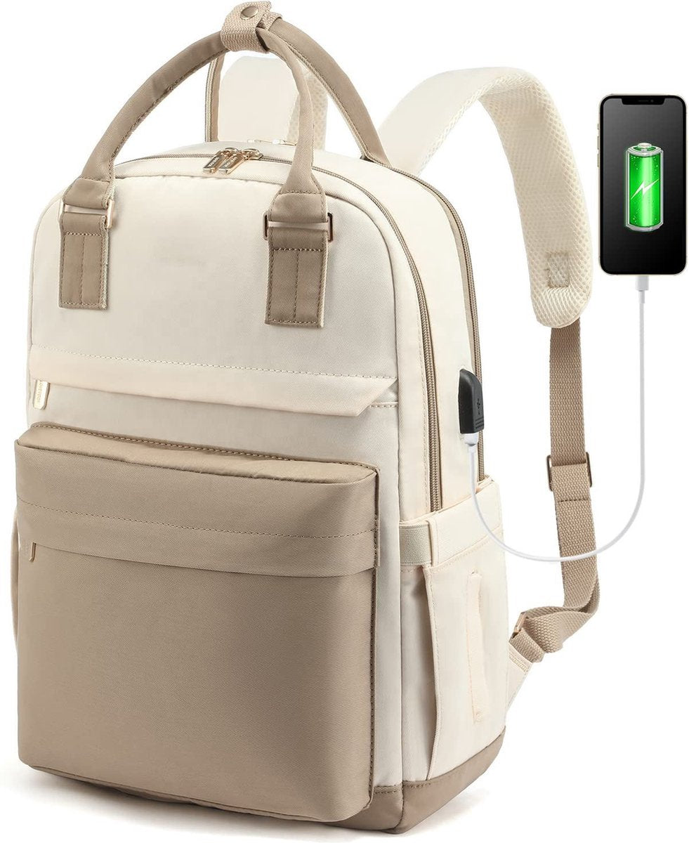 Backpack - Backpack - Ladies - Girls - Women - Laptop - Schoolbag - Work - School - Waterproof - USB - Beige V1188-MS-313-0103