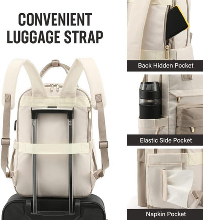 Backpack - Backpack - Ladies - Girls - Women - Laptop - Schoolbag - Work - School - Waterproof - USB - Beige V1188-MS-313-0103