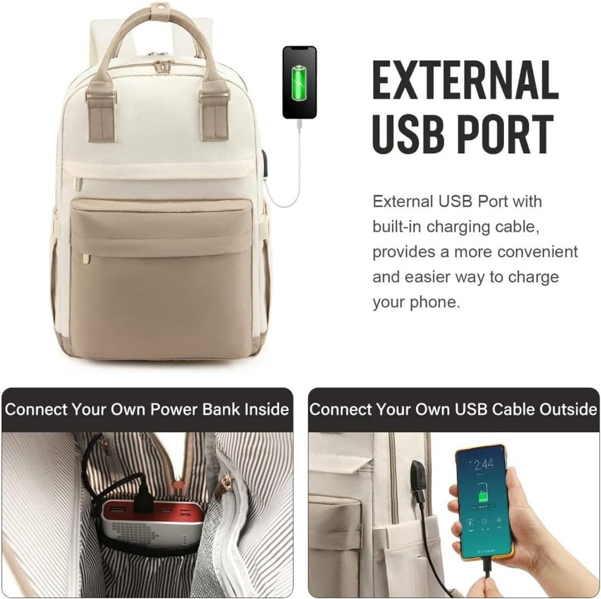 Backpack - Backpack - Ladies - Girls - Women - Laptop - Schoolbag - Work - School - Waterproof - USB - Beige V1188-MS-313-0103