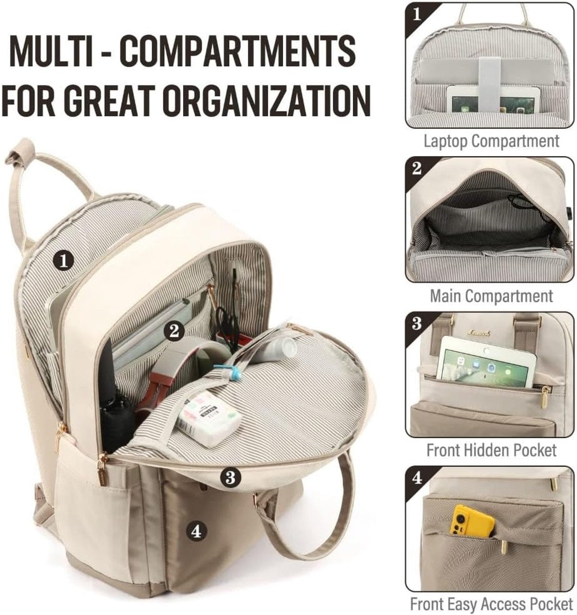 Backpack - Backpack - Ladies - Girls - Women - Laptop - Schoolbag - Work - School - Waterproof - USB - Beige V1188-MS-313-0103